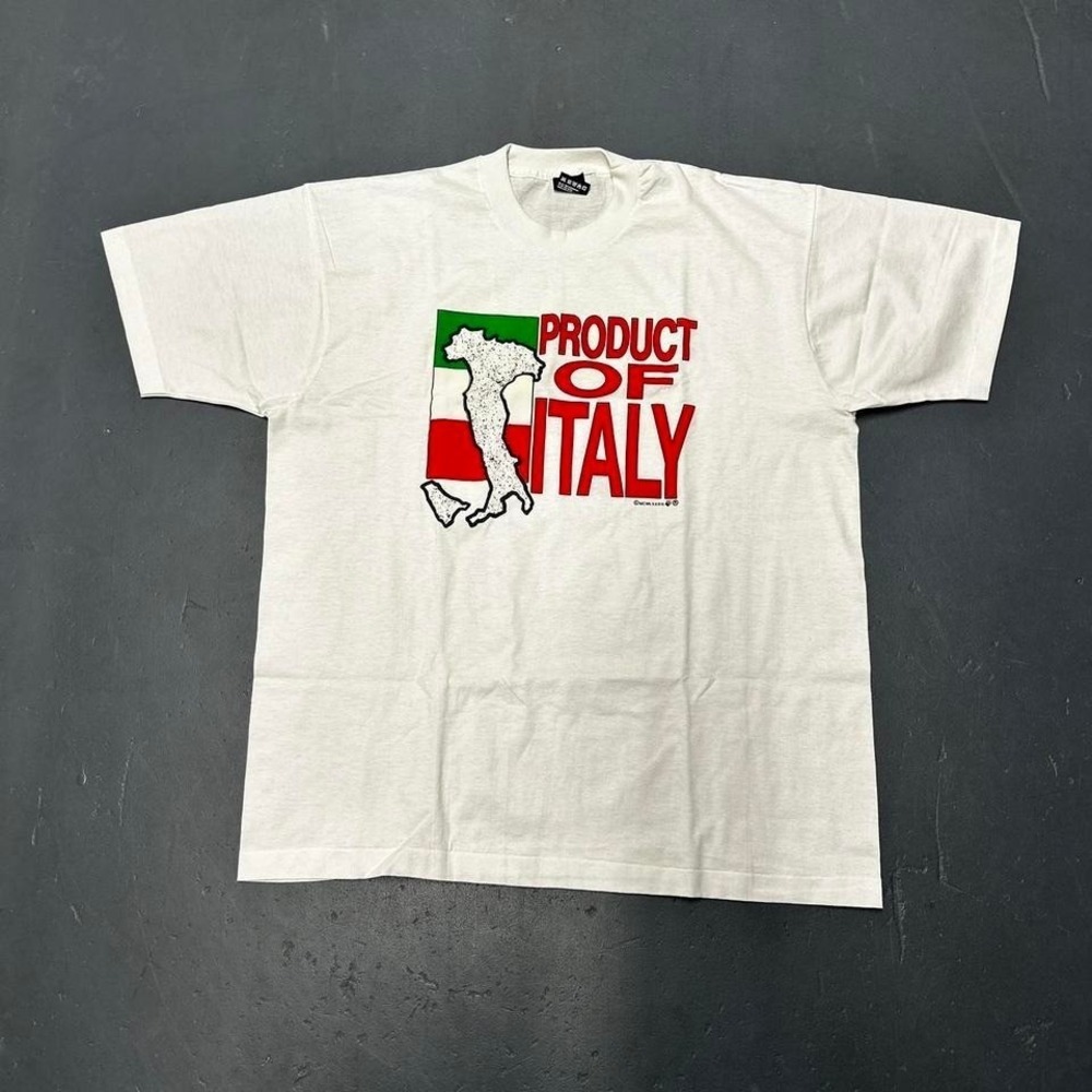 Vintage 90s single stitch Product of Italy big print graphic white tShirt